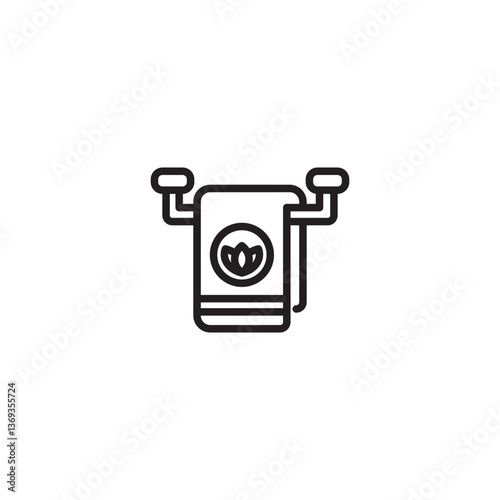 A towel hanging on a towel rack, featuring a circular logo with a stylized leaf or lotus flower. Represents spa towel, natural fabric, or bathroom decor.