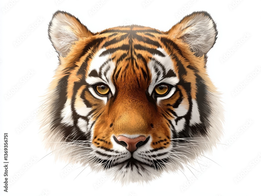 Fototapeta premium Striking tiger portrait, a majestic closeup on white background