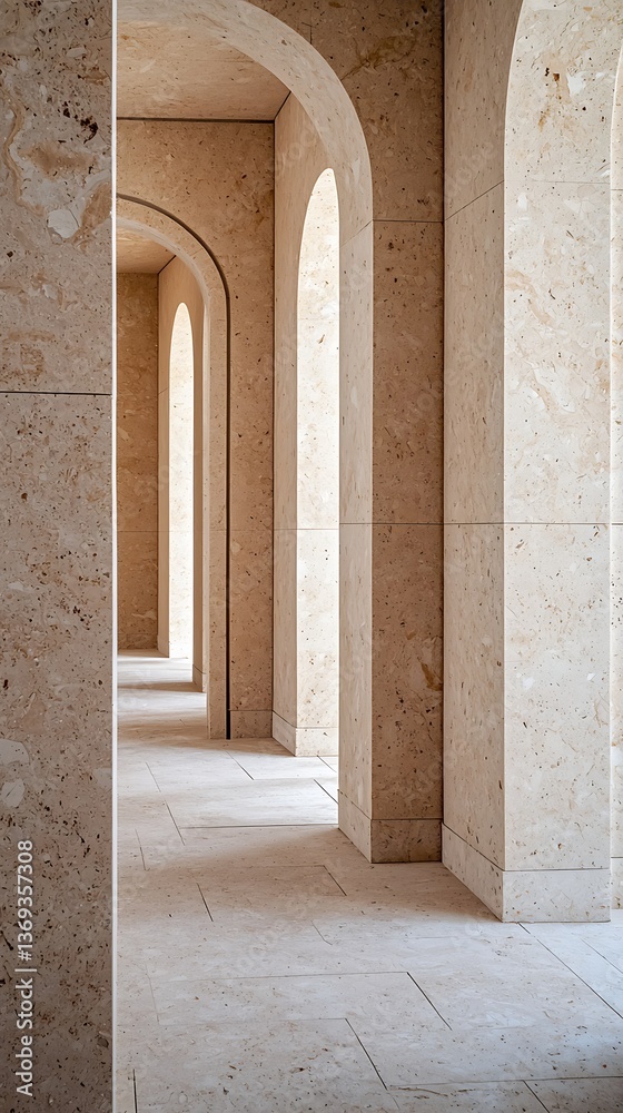 Fototapeta premium A series of elegant arches in a minimalist stone corridor, showcasing clean lines and a soft, neutral color palette.