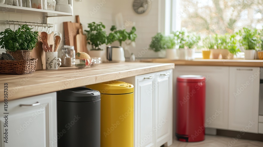Fototapeta premium A kitchen scene with a compost bin, recycling bin, and regular trash can side by side.