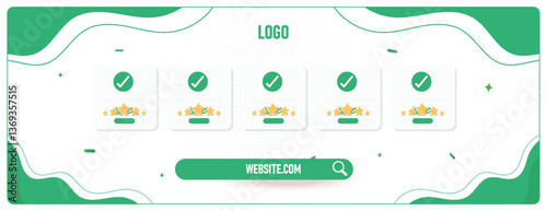 Modern product display and review banner with a green and white background. Features 5-star icons, checkmarks, and a dedicated space for a website link