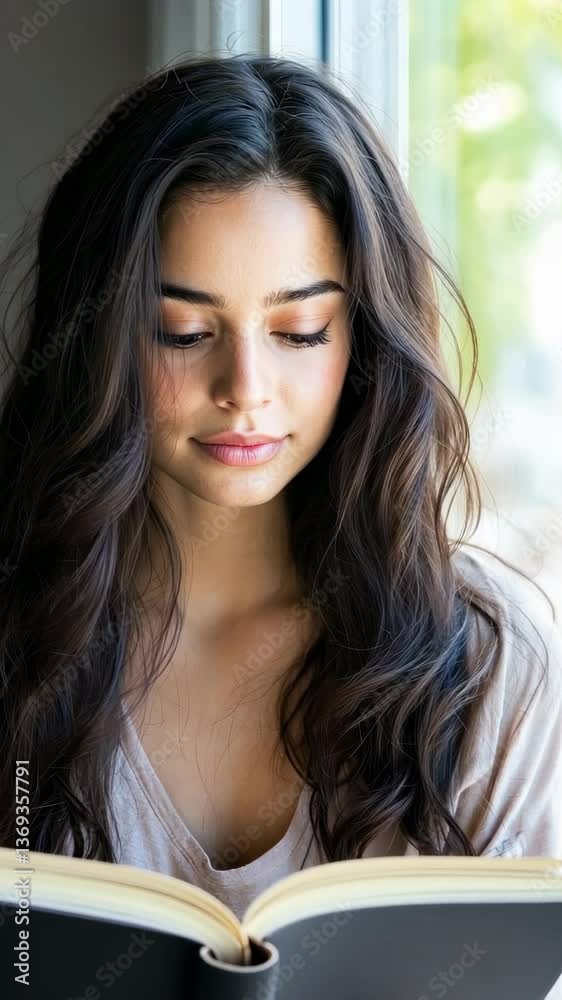 Young Hispanic woman deeply immersed in reading near a sunny window with a serene expression Young Hispanic woman deeply immersed in reading near a sunny window with a serene expression