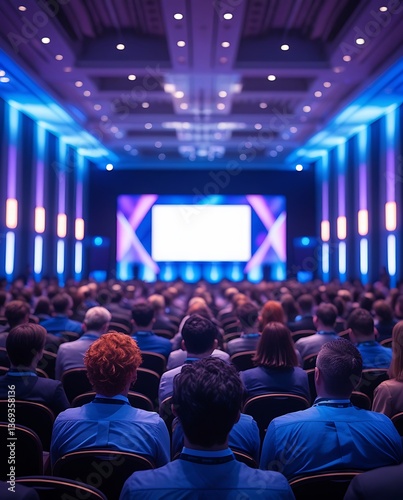 Large audience seated in a modern cinema or conference hall watching a brightly lit screen under glowing purple and blue lights, capturing entertainment, tech events, or film screenings.

