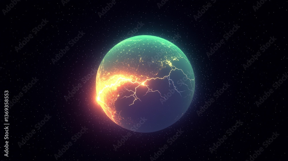 Fototapeta premium Futuristic planet with glowing energy cracks and city lights at night in space