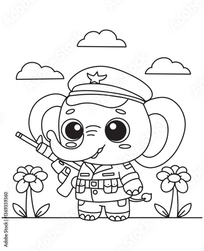 Coloring book elephant soldier wearing a uniform and cap, holding a rifle, standing between flowers under a cloudy sky