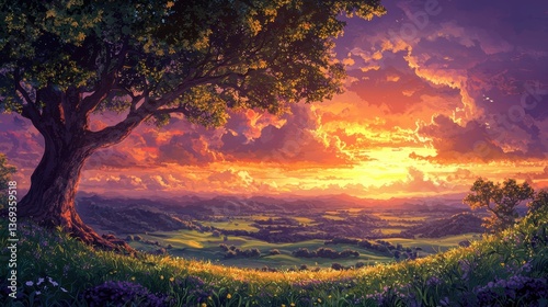 Majestic Sunset Over Rolling Hills and Lush Meadows