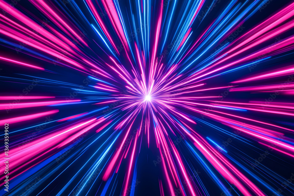 Obraz premium Neon Lightspeed Burst: A vibrant abstract artwork showcasing streaks of pink and blue light converging towards a central point, creating a dynamic and energetic composition.
