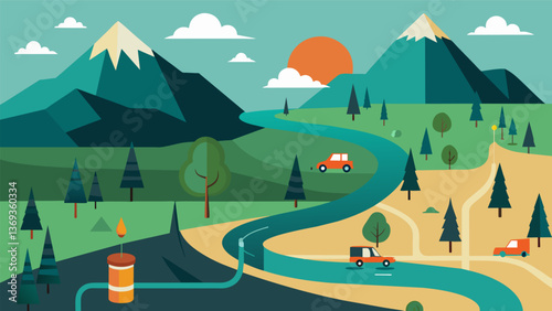 A network of roads ting through oncepristine wilderness leading to various tar sands sites and transportation routes.. Vector illustration