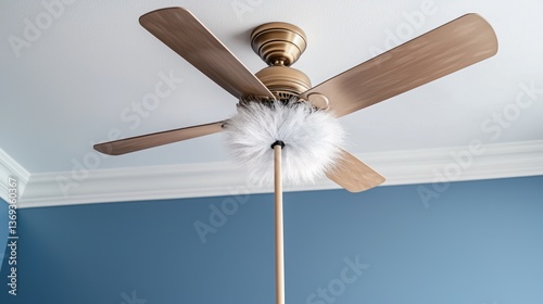 A microfiber duster with an extendable handle, reaching a ceiling fan.