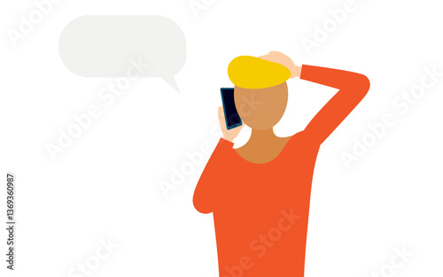 赤いシャツを着た男性がスマホで話すシンプルなイラスト