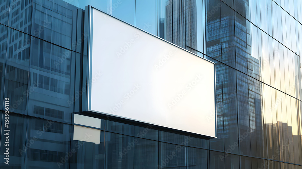 Blank Billboard on Modern Glass Building, Cityscape Reflection