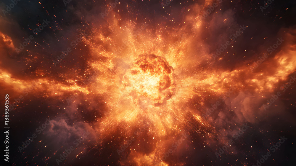 Fiery Cosmic Explosion: A spectacle of incandescent energy and celestial debris in the vast expanse of space. Fiery Cosmic Explosion: A spectacle of incandescent energy and celestial debris in the vast expanse of space.
