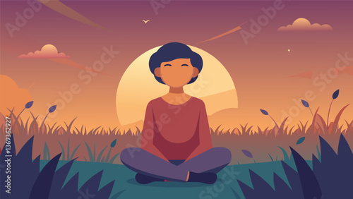 A person with closed eyes and a serene expression sits in the center of an open field surrounded by tall grasses and the soft glow of a sunrise.. Vector illustration