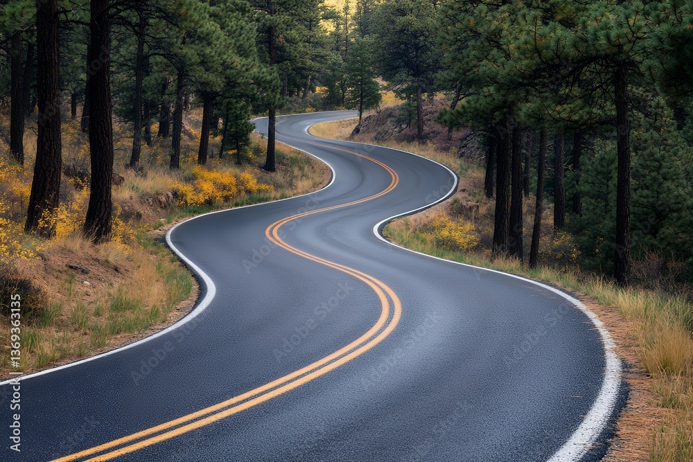 Fototapeta premium Serene winding forest road through pine trees and autumn colors
