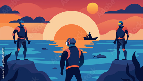 As the sun sets on another successful day of restoration the divers reflect on the progress made and the importance of working together to protect our. Vector illustration