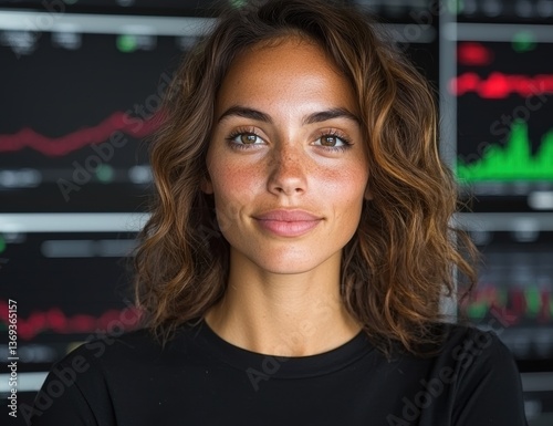 Portrait of a young woman in front of stock market data.