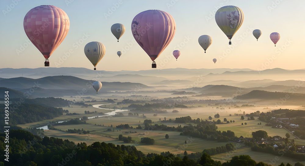 Fototapeta premium Pastel Hot Air Balloons Over Misty Valley Landscape At Sunrise