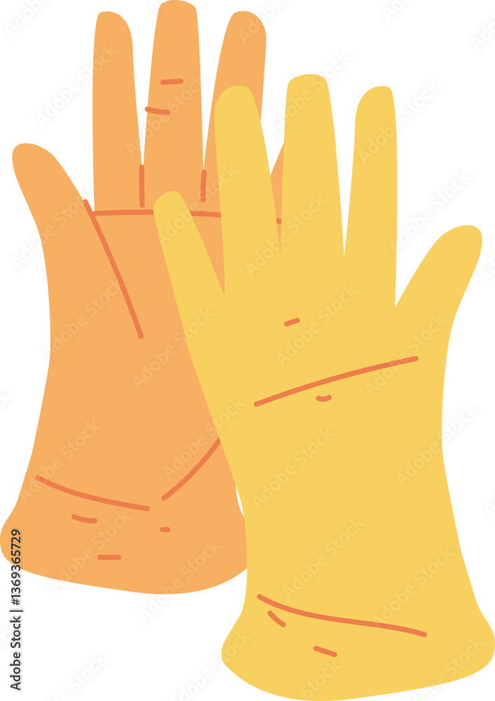 The image depicts a pair of yellow and orange gloves The image depicts a pair of yellow and orange gloves