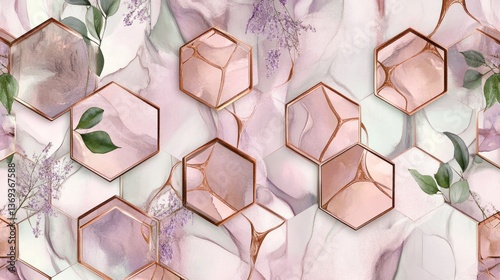 Fototapeta Naklejka Na Ścianę i Meble -  Rose Gold Hexagon Pattern with Floral Accents