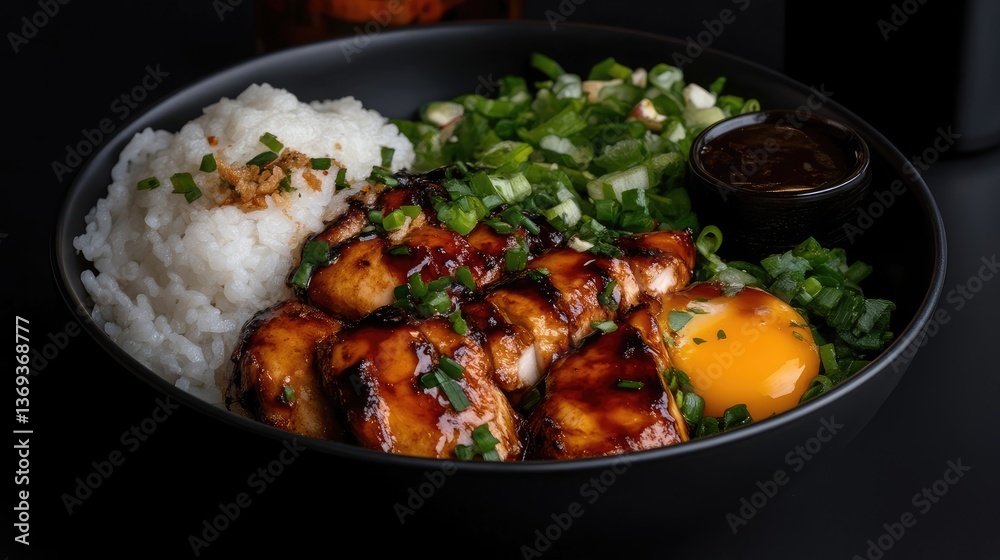 Savory chicken bowl with rice and egg Savory chicken bowl with rice and egg