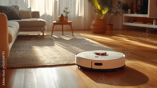A robot vacuum navigating a living room, cleaning the floor autonomously.