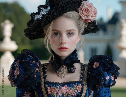 A woman in a historical dress with a black lace hat and pink rose.