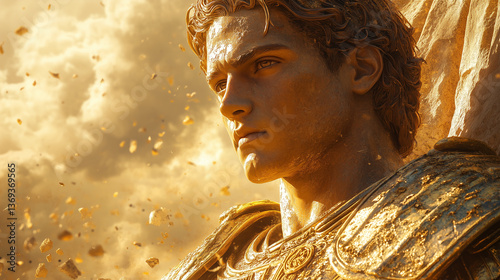 Alexander the Great Stone Relief Sculpture with Golden Light and Ancient Battlefield
