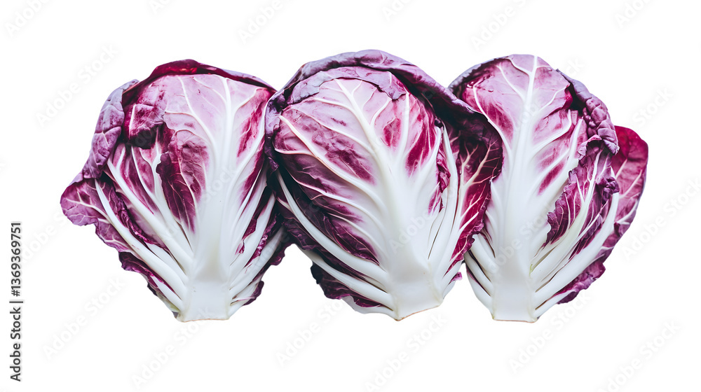 Obraz premium Three Vibrant Purple Cabbage Halves Displaying Intricate White Veins on a Black Background for