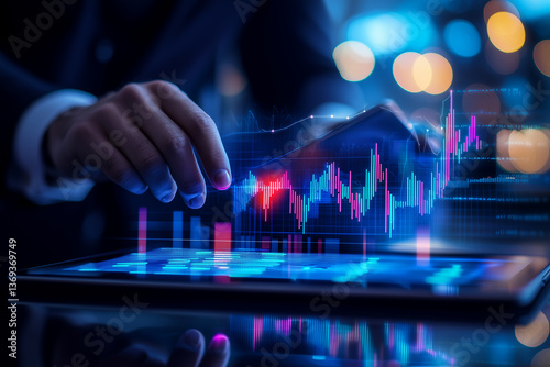 Business professional interacting with futuristic financial analytics dashboard displaying colorful stock market data and graphs