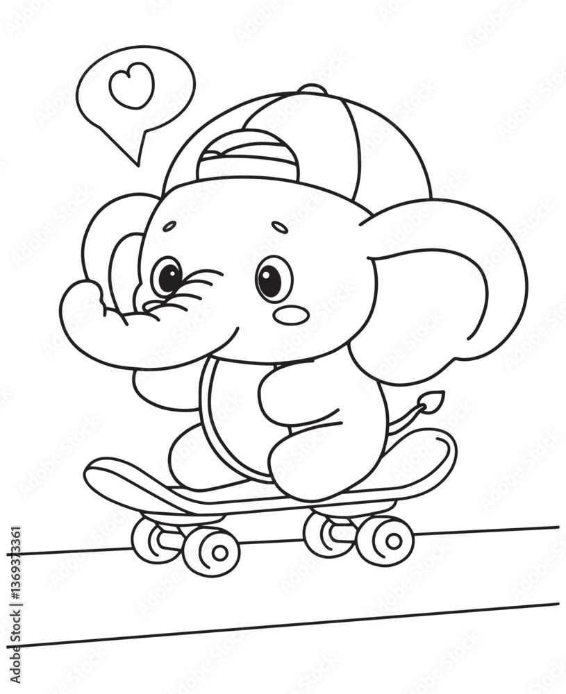 Obraz premium Coloring book elephant skateboarding with a cap and a heart speech bubble