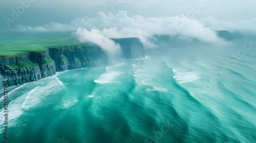 Dramatic Coastal Cliffs And Waves Under Misty Clouds