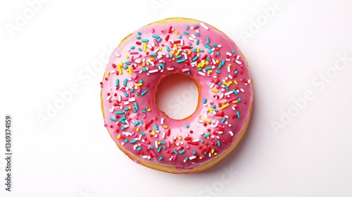 Delicious Single Pink Frosted Donut Covered with Colorful Rainbow Sprinkles Shot from Above Isolated on a Plain White Background