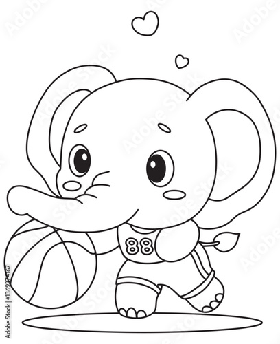 Coloring book elephant playing basketball, wearing a jersey with number 88 and hearts around