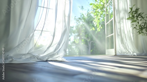 A sheer white curtain gently swaying by an open window on a breezy summer day.