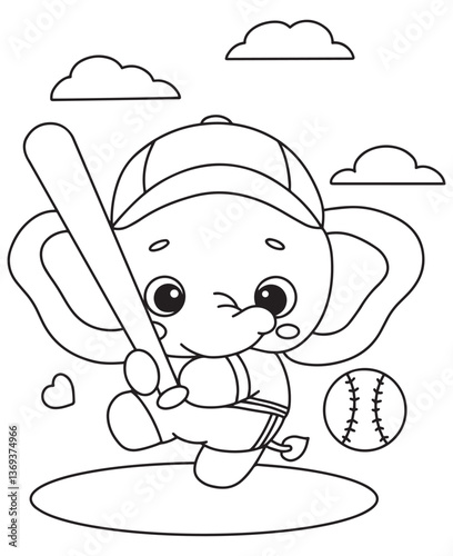 Coloring book elephant playing baseball with a bat and ball, wearing a cap, under a cloudy sky