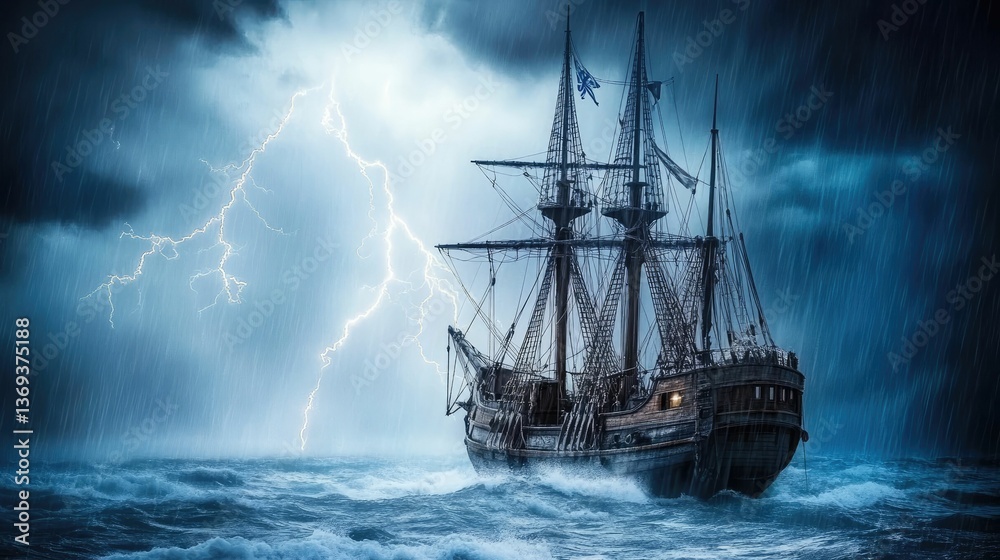 Fototapeta premium Ancient sailing vessel battles stormy ocean, lightning strikes.