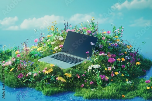 Surreal Concept Image of an Open Laptop Resting Peacefully on a Miniature Floating Island Covered in Lush Green Grass and Vibrant Wildflowers Under a Blue Sky