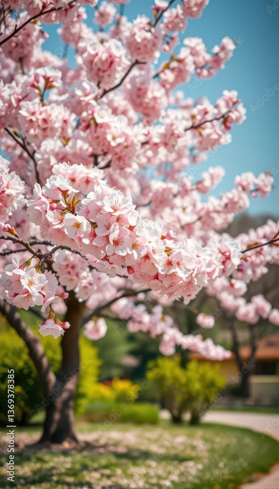 Fototapeta premium Full bloom sakura tree, pink and white blossoms, vibrant spring landscape, soft, sunlight