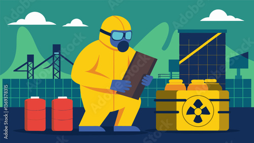 A worker in a protective suit carefully handles radioactive materials in a nuclear power plant.. Vector illustration