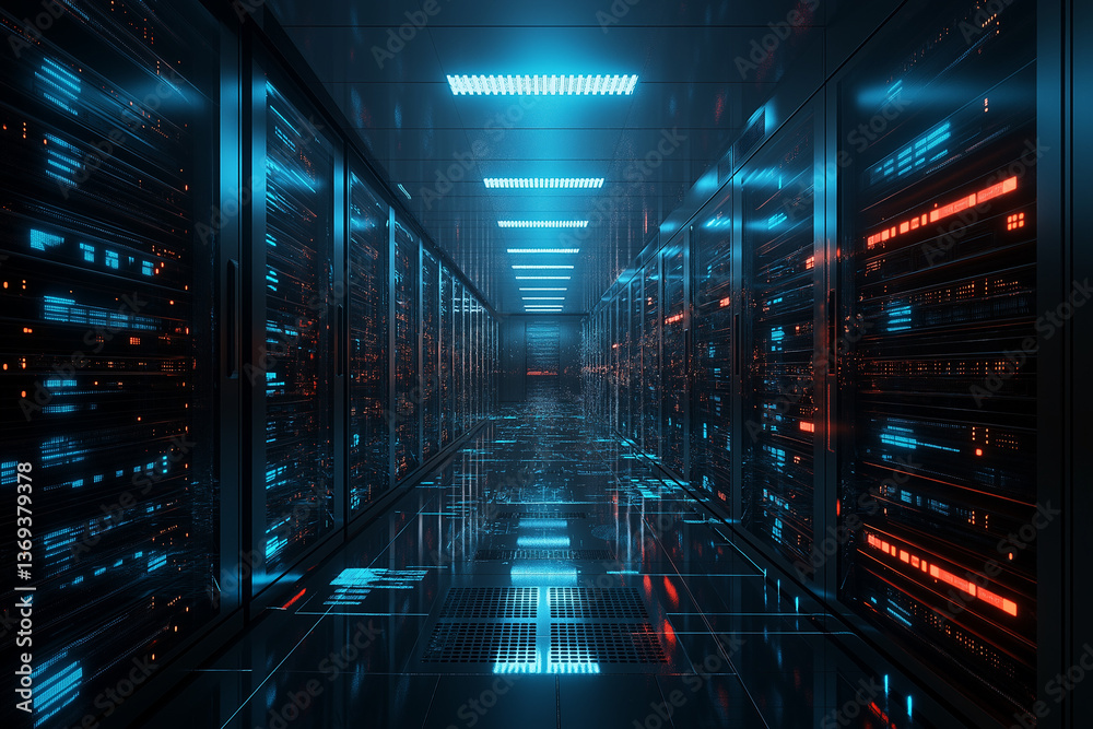 Fototapeta premium Dark spacious interconnected servers room with display of neon data and information while connected with cloud computing for virtualization approach