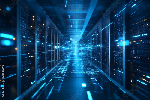 Wallpaper Mural Dark spacious interconnected servers room with display of neon data and information while connected with cloud computing for virtualization approach Torontodigital.ca