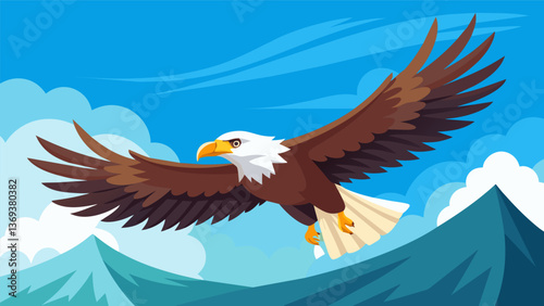 An iconic bald eagle soaring high above the sky grateful to be back in its natural habitat after being rehabilitated.. Vector illustration