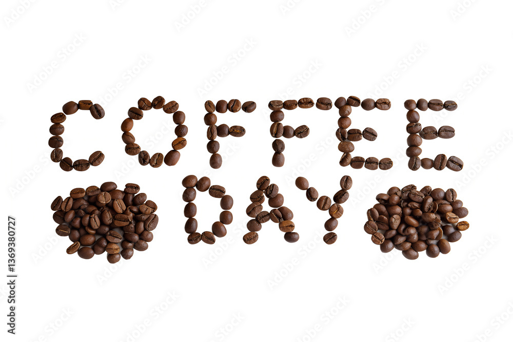 Coffee day word written with coffee beans on white back ground Coffee day word written with coffee beans on white back ground
