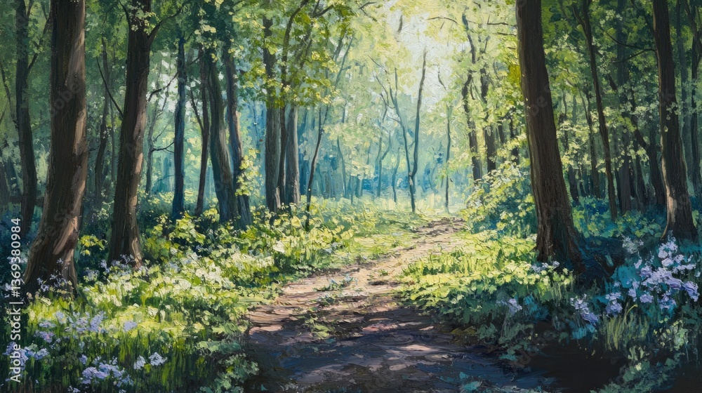 Sunlit forest path, dappled light, blooming flowers. Sunlit forest path, dappled light, blooming flowers.