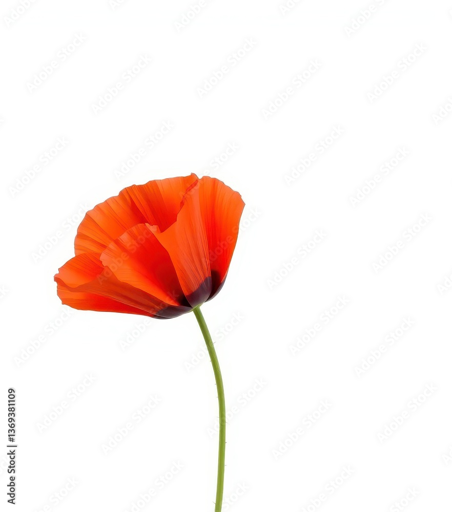 Fototapeta premium Single red poppy blossom, vibrant petals, delicate stem, isolated white background, detail, isolated, artwork