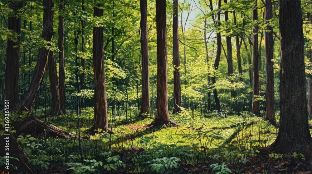 Fototapeta premium Sunlit forest scene; tall trees, lush undergrowth.