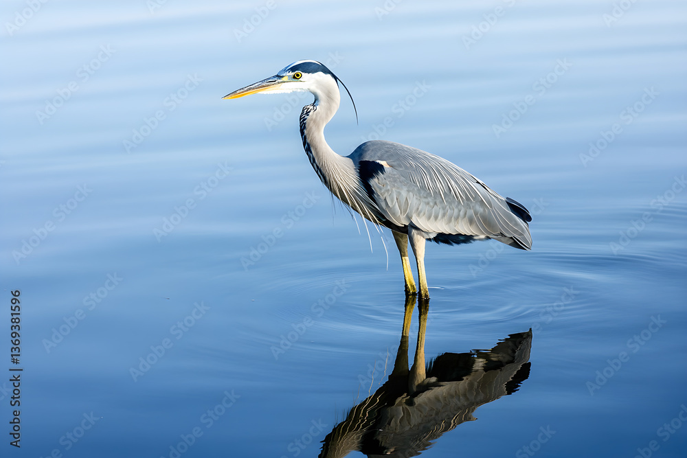 Majestic white egret with reflection in the serene blue water high resolution photo Majestic white egret with reflection in the serene blue water high resolution photo