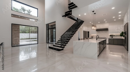 Wallpaper Mural Modern open-concept home interior with high ceilings, showcasing a sleek staircase and kitchen island Torontodigital.ca