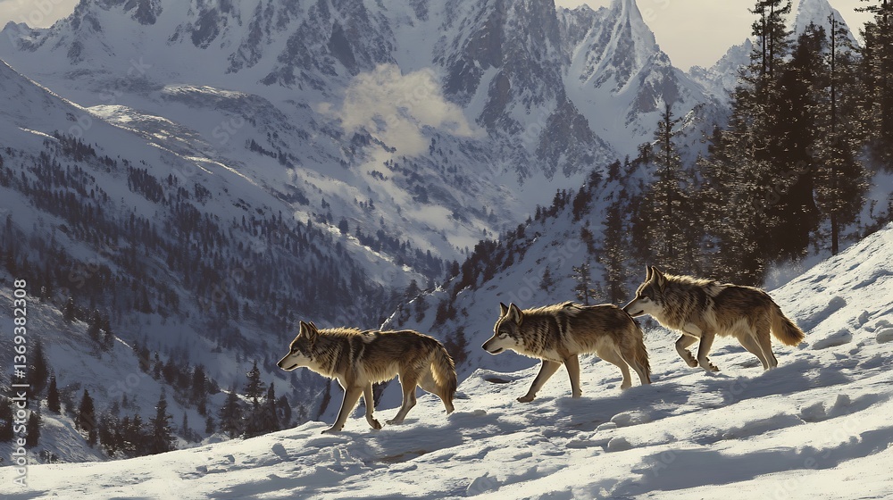 Majestic Wolves in Winter Wonderland: A Serene Mountainscape Majestic Wolves in Winter Wonderland: A Serene Mountainscape