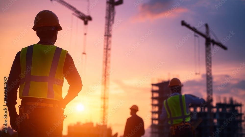 Construction workers observing sunset at a building site with cranes in the background Construction workers observing sunset at a building site with cranes in the background